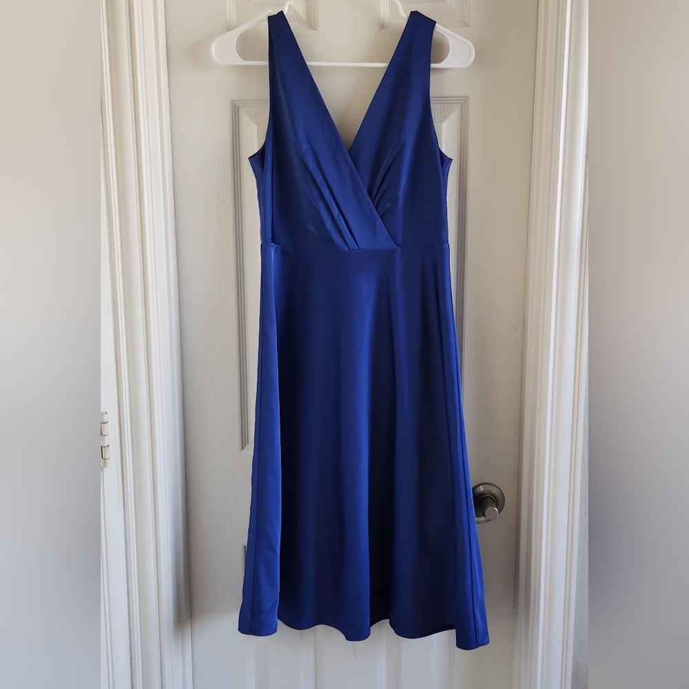 J Crew A-Line Satin Dress Royal Blue Lined V-Neck Knee Length Sleeveless Size 4